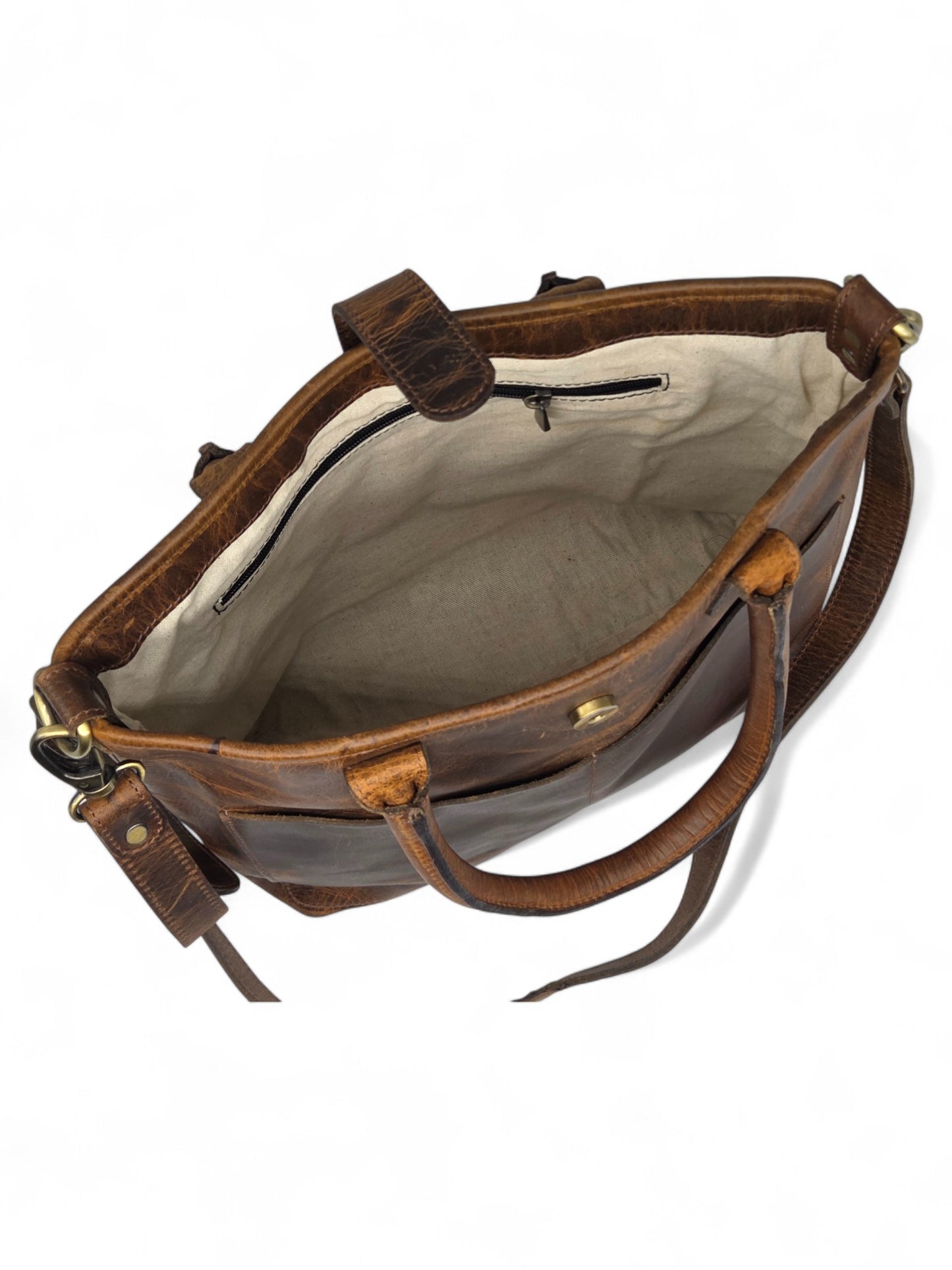 Vintage Brown Leather Tote Bag with Shoulder Strap