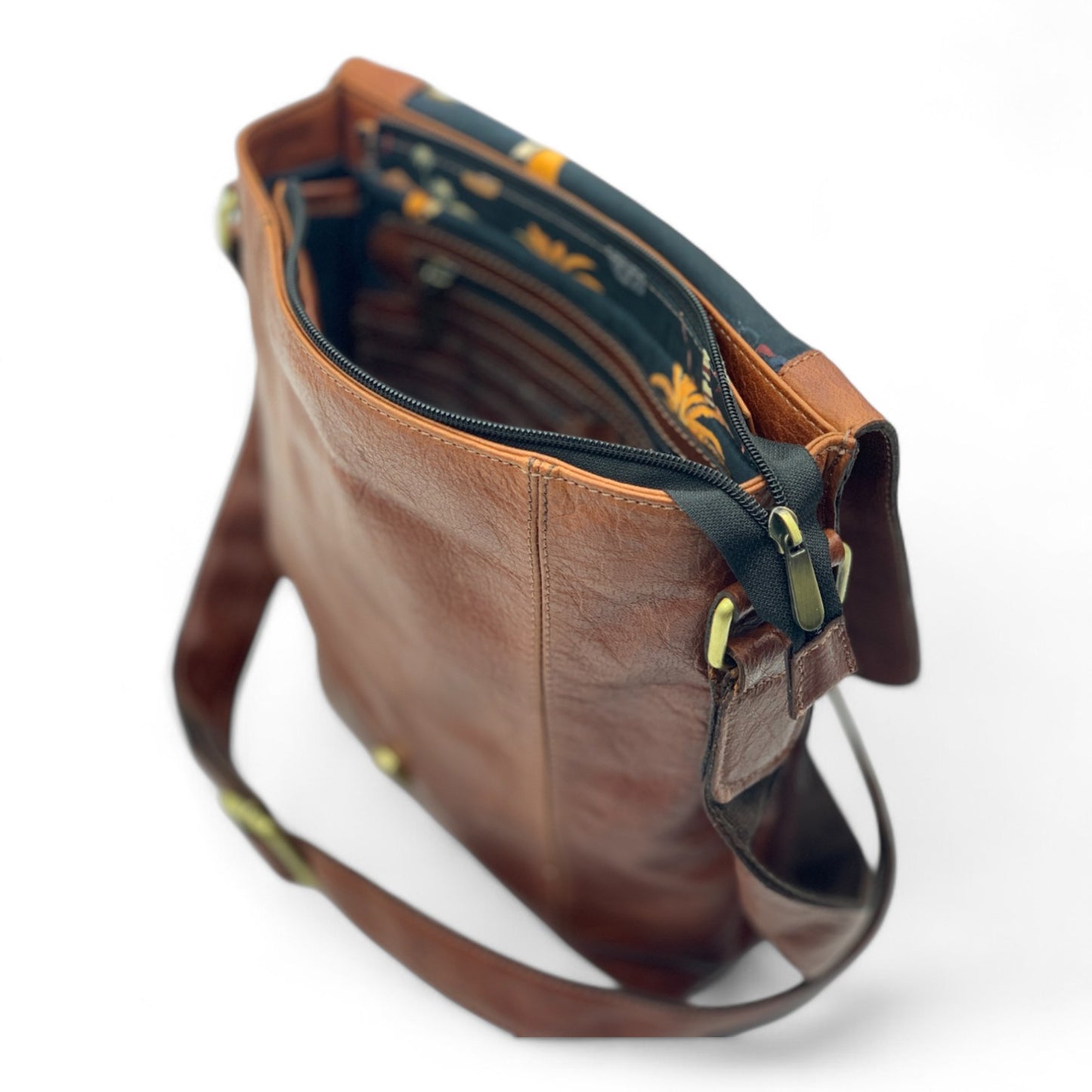 Brown Leather Crossbody Shoulder Bag with Pockets, Organiser Handbag with Adjustable Strap, Gifts for Her