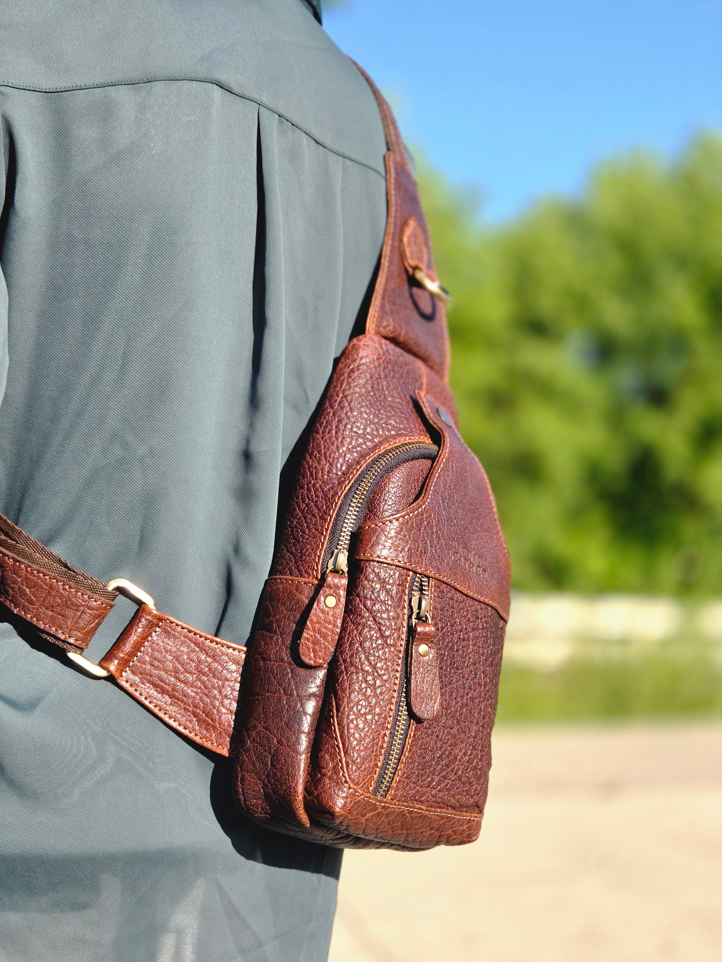 Handmade Leather Sling Bag: Crossbody Chest Pack - Bison Leather Brown