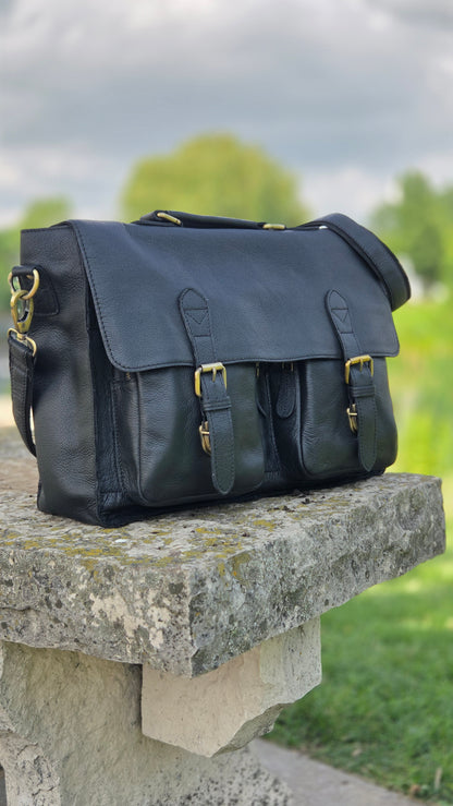 Classic Black Leather Messenger Bag for Professionals