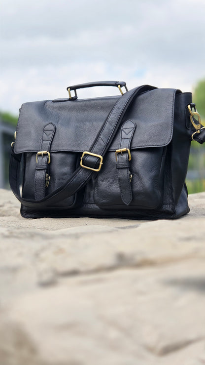 Classic Black Leather Messenger Bag for Professionals