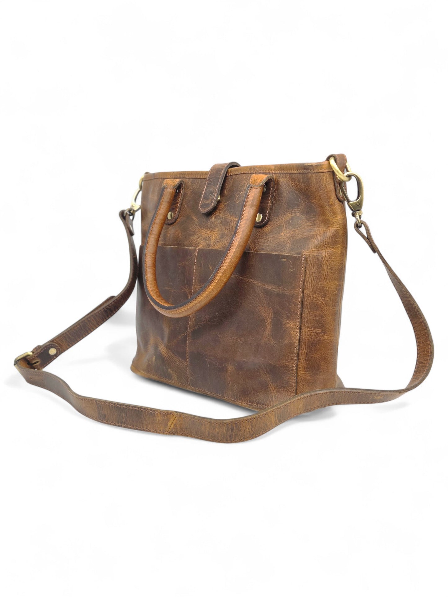 Vintage Brown Leather Tote Bag with Shoulder Strap