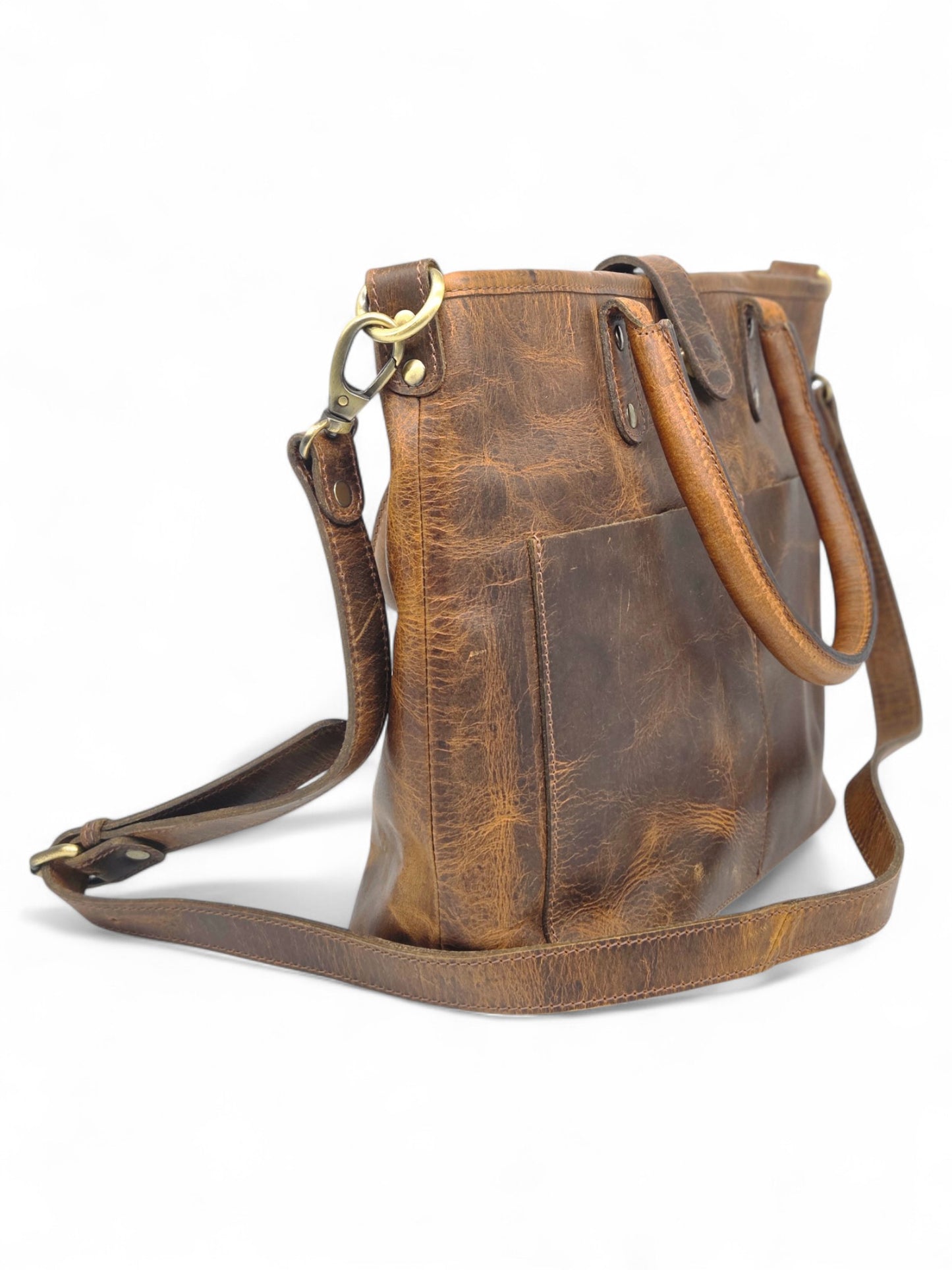 Vintage Brown Leather Tote Bag with Shoulder Strap