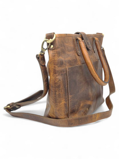 Vintage Brown Leather Tote Bag with Shoulder Strap