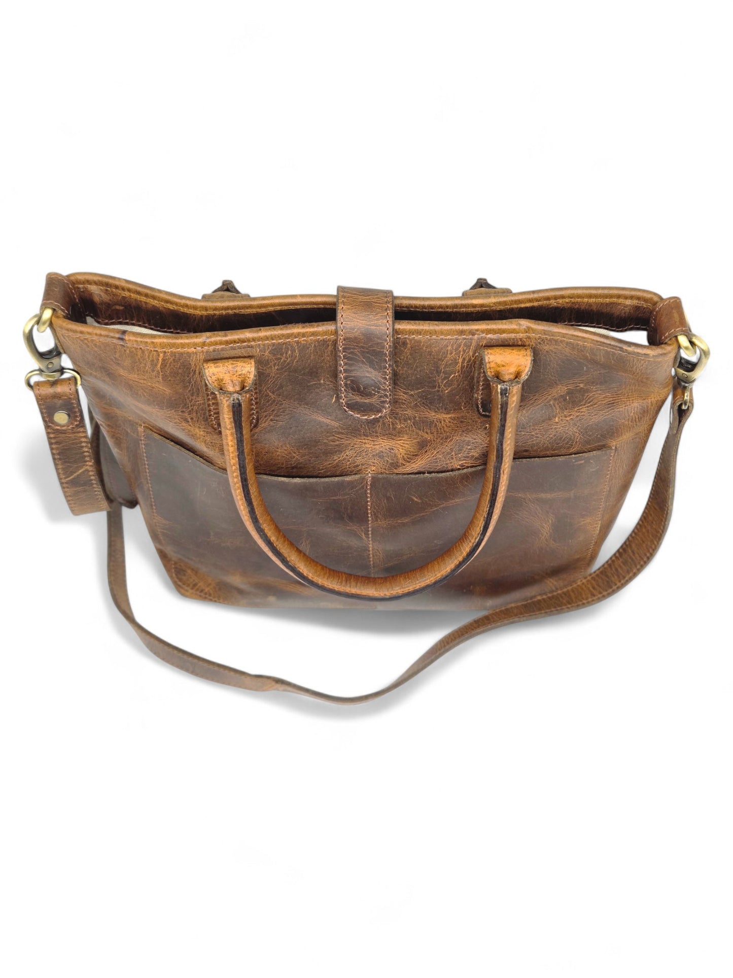 Vintage Brown Leather Tote Bag with Shoulder Strap