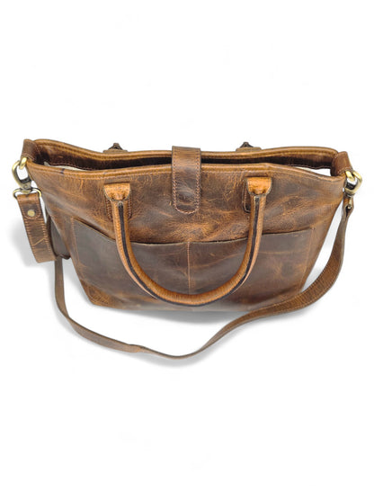 Vintage Brown Leather Tote Bag with Shoulder Strap