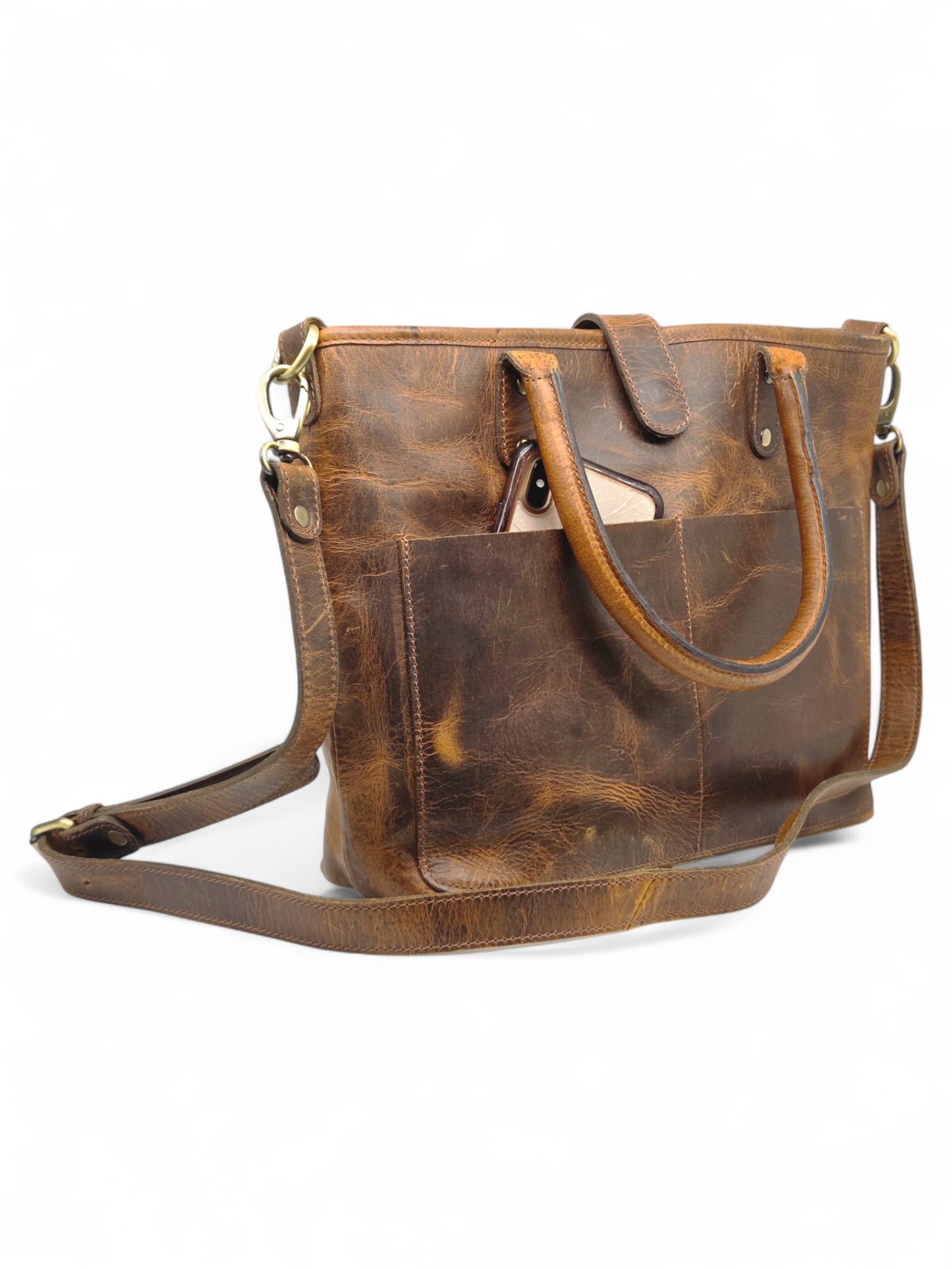 Vintage Brown Leather Tote Bag with Shoulder Strap