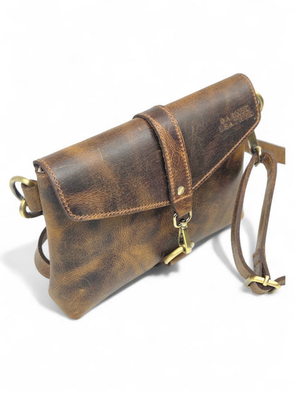 Leather Phone Bag, Compact Crossbody, Vintage Brown, Lightweight Travel