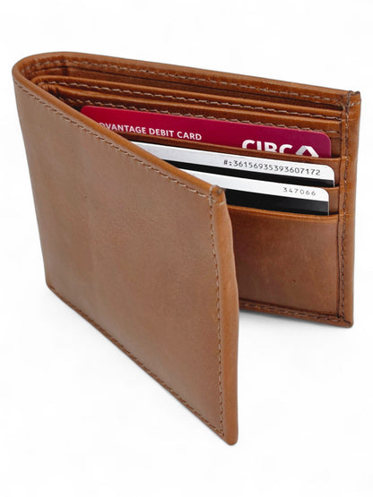 Genuine Tan Leather Bi-Fold Wallet with 6 Card Slots