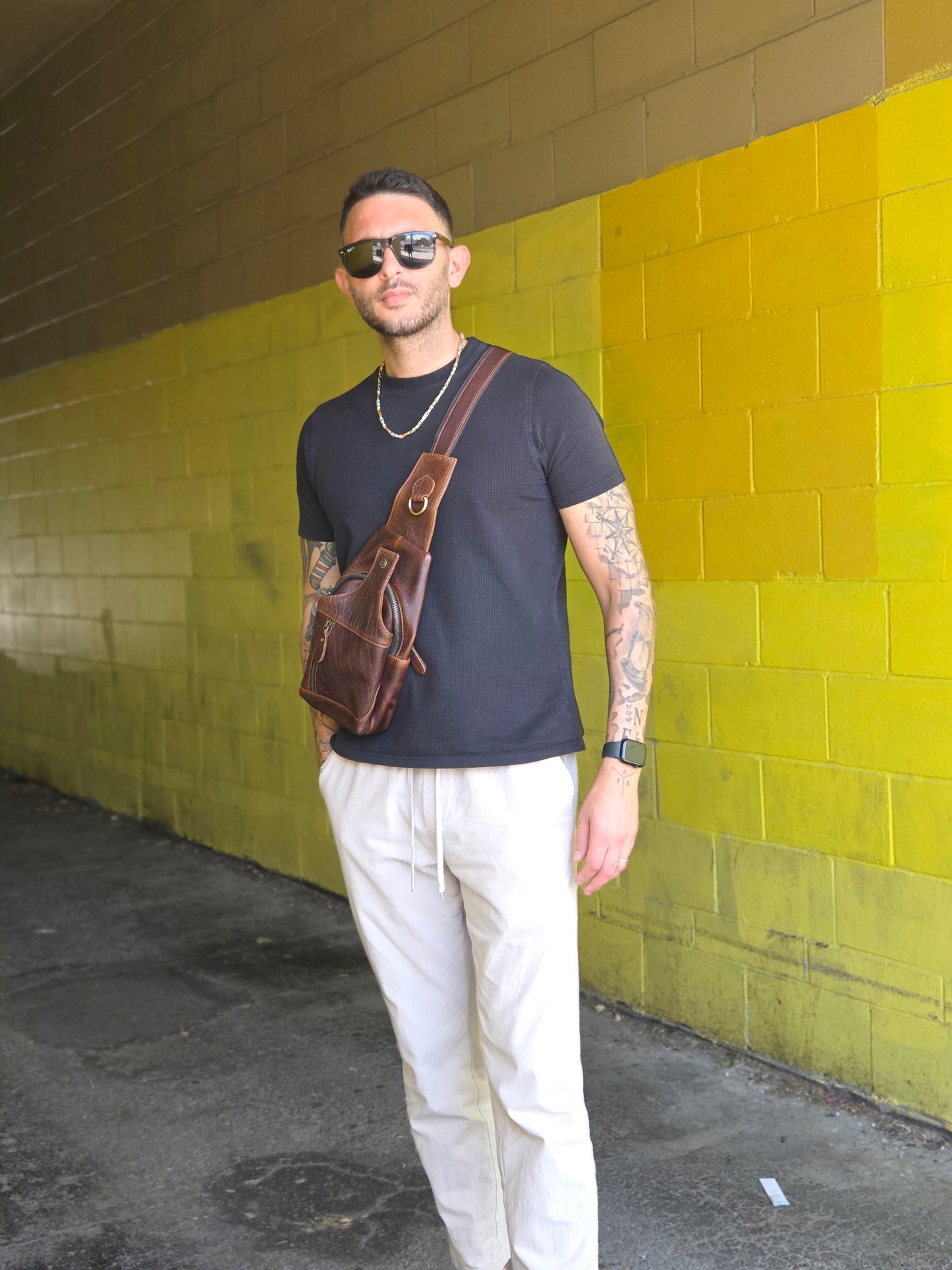 Handmade Leather Sling Bag: Crossbody Chest Pack - Bison Leather Brown