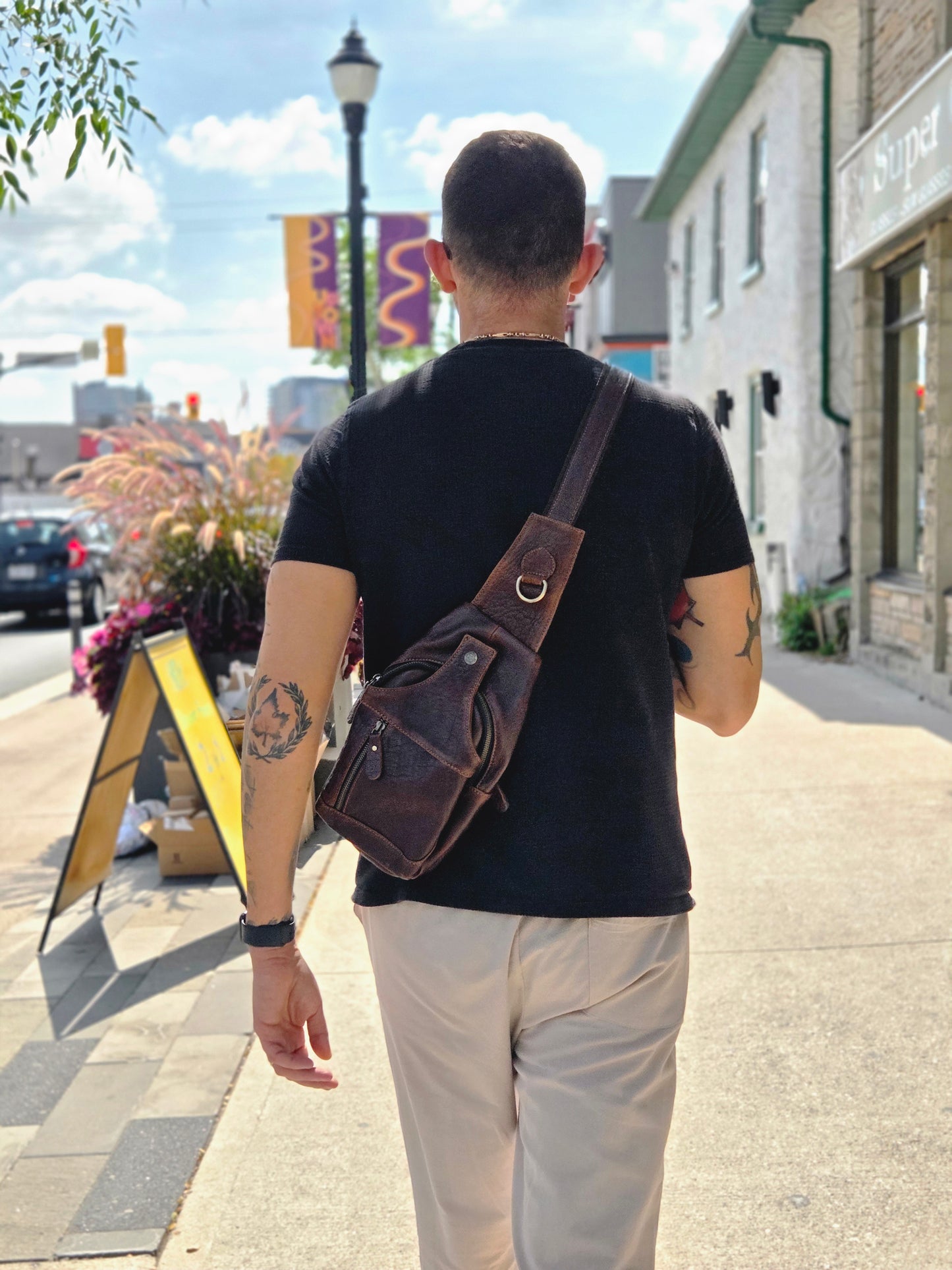 Handmade Leather Sling Bag: Crossbody Chest Pack - Bison Leather Brown