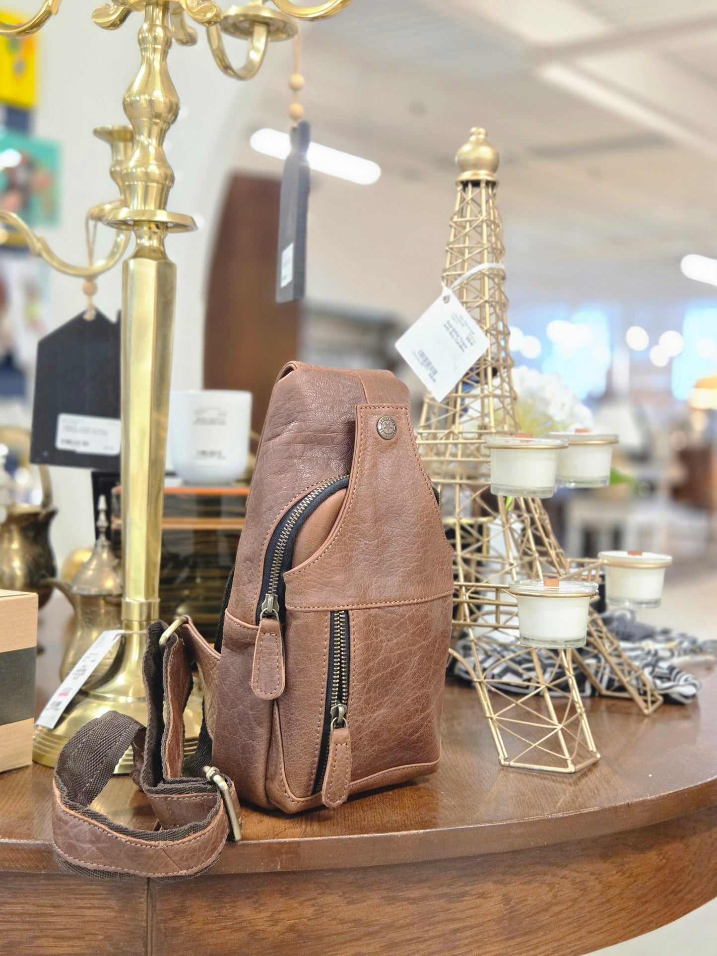 Handcrafted Bison Leather Light brown Crossbody Bag: Full-Grain bison Sling