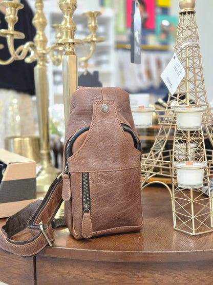 Handcrafted Bison Leather Light brown Crossbody Bag: Full-Grain bison Sling
