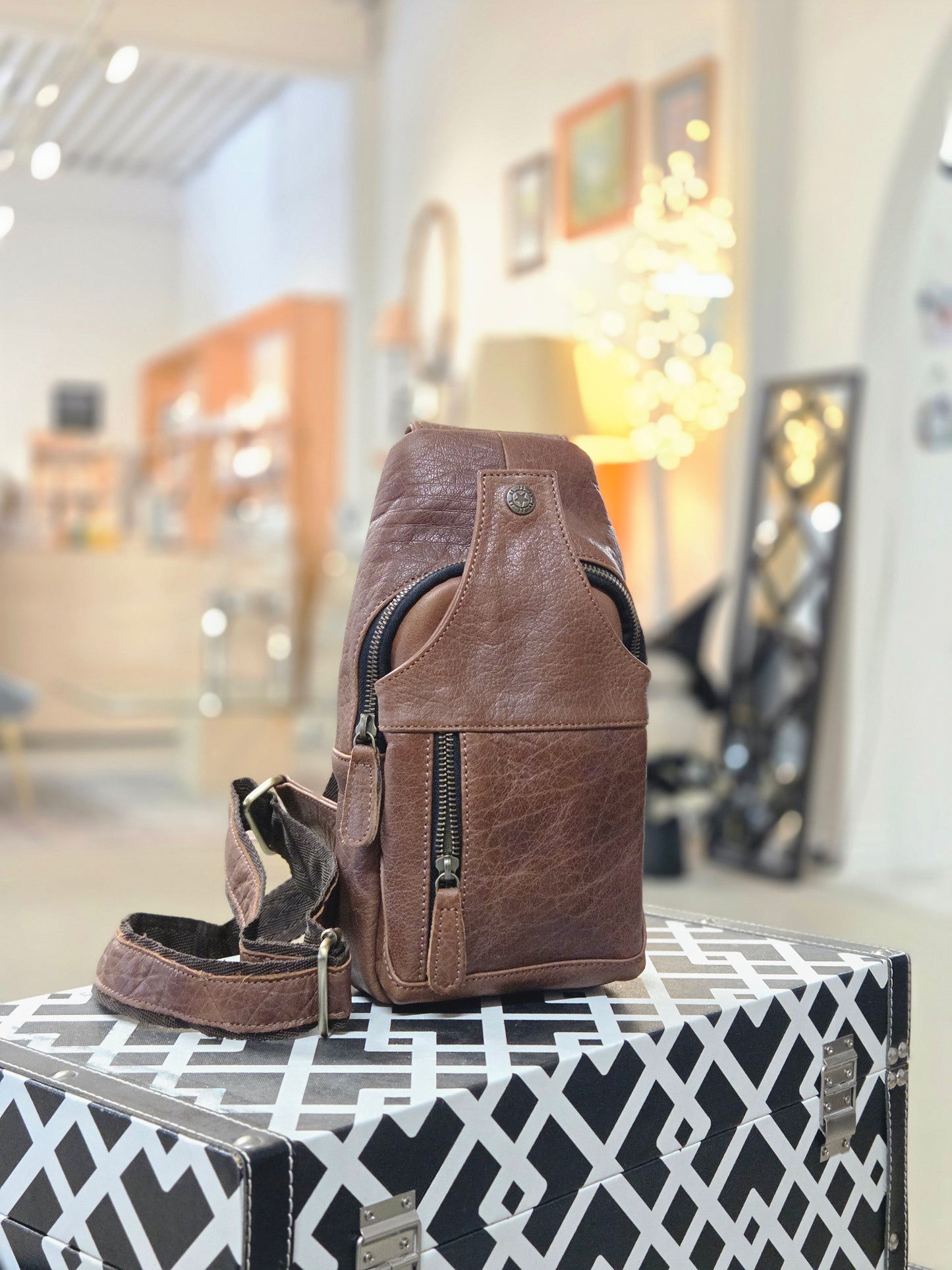 Handcrafted Bison Leather Light brown Crossbody Bag: Full-Grain bison Sling