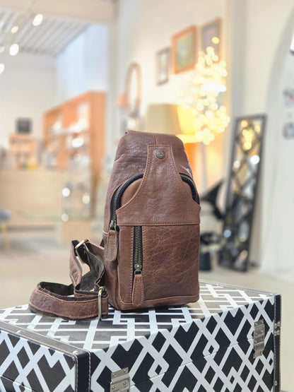 Handcrafted Bison Leather Light brown Crossbody Bag: Full-Grain bison Sling