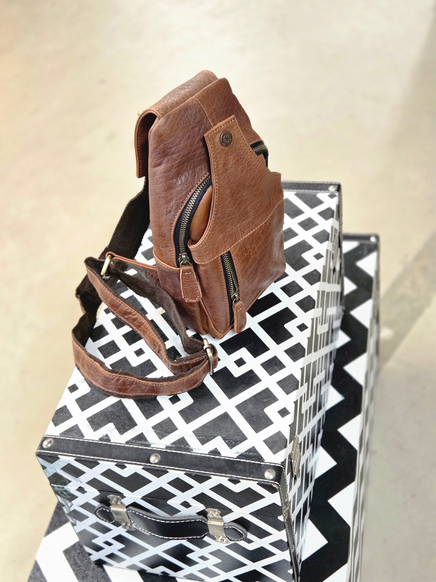 Handcrafted Bison Leather Light brown Crossbody Bag: Full-Grain bison Sling