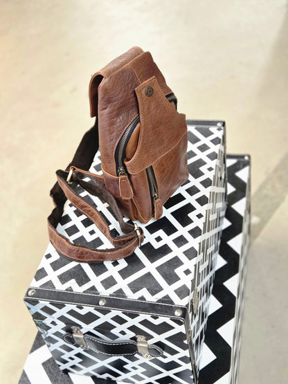 Handcrafted Bison Leather Light brown Crossbody Bag: Full-Grain bison Sling