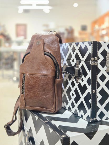 Handcrafted Bison Leather Light brown Crossbody Bag: Full-Grain bison Sling