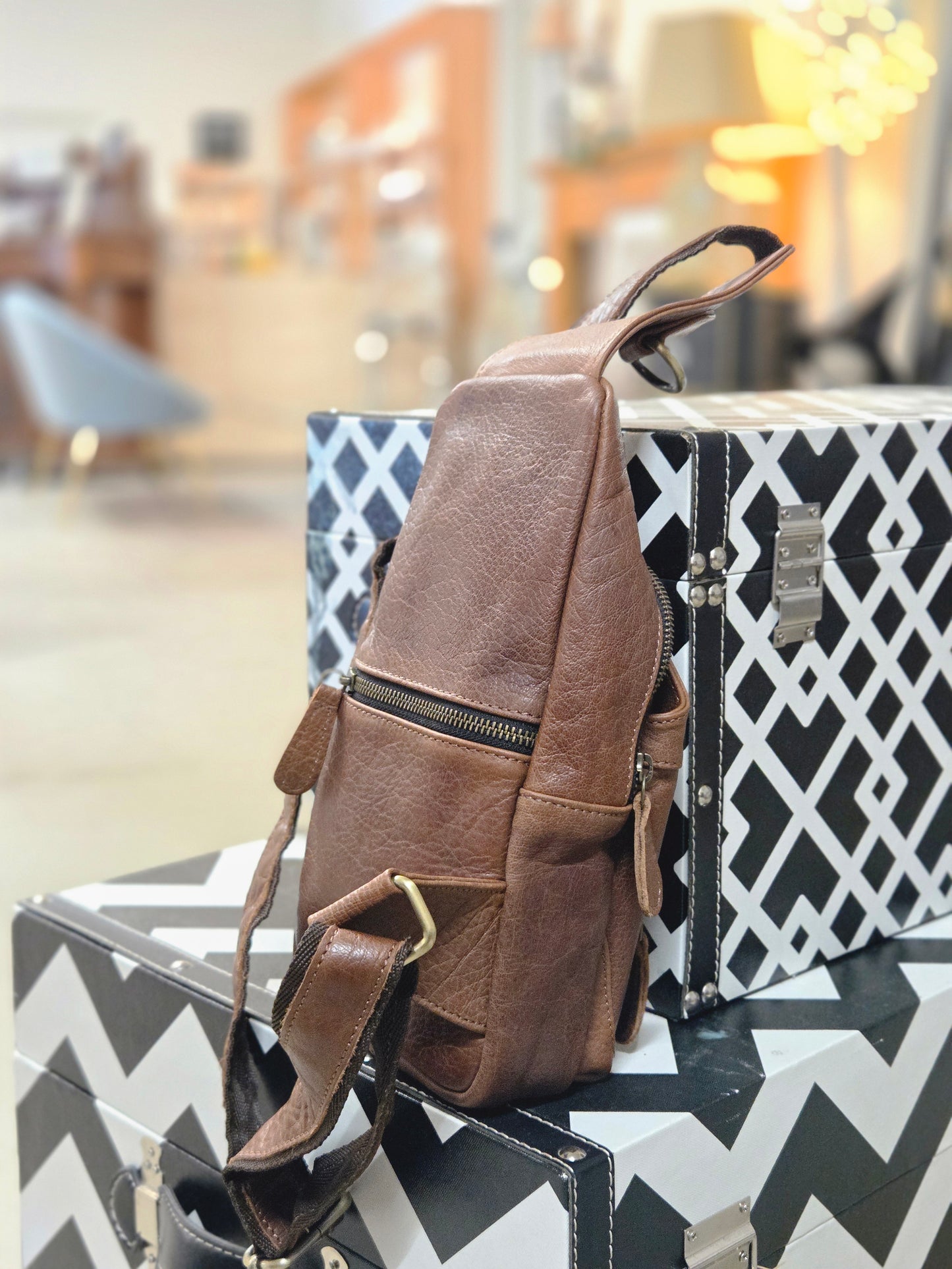 Handcrafted Bison Leather Light brown Crossbody Bag: Full-Grain bison Sling