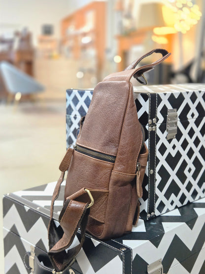 Handcrafted Bison Leather Light brown Crossbody Bag: Full-Grain bison Sling