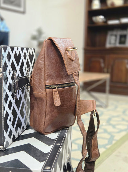Handcrafted Bison Leather Light brown Crossbody Bag: Full-Grain bison Sling