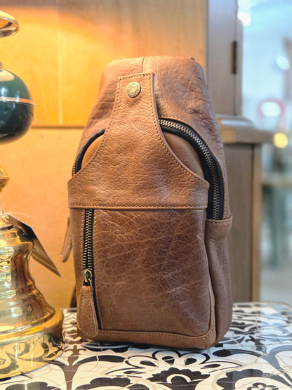 Handcrafted Bison Leather Light brown Crossbody Bag: Full-Grain bison Sling