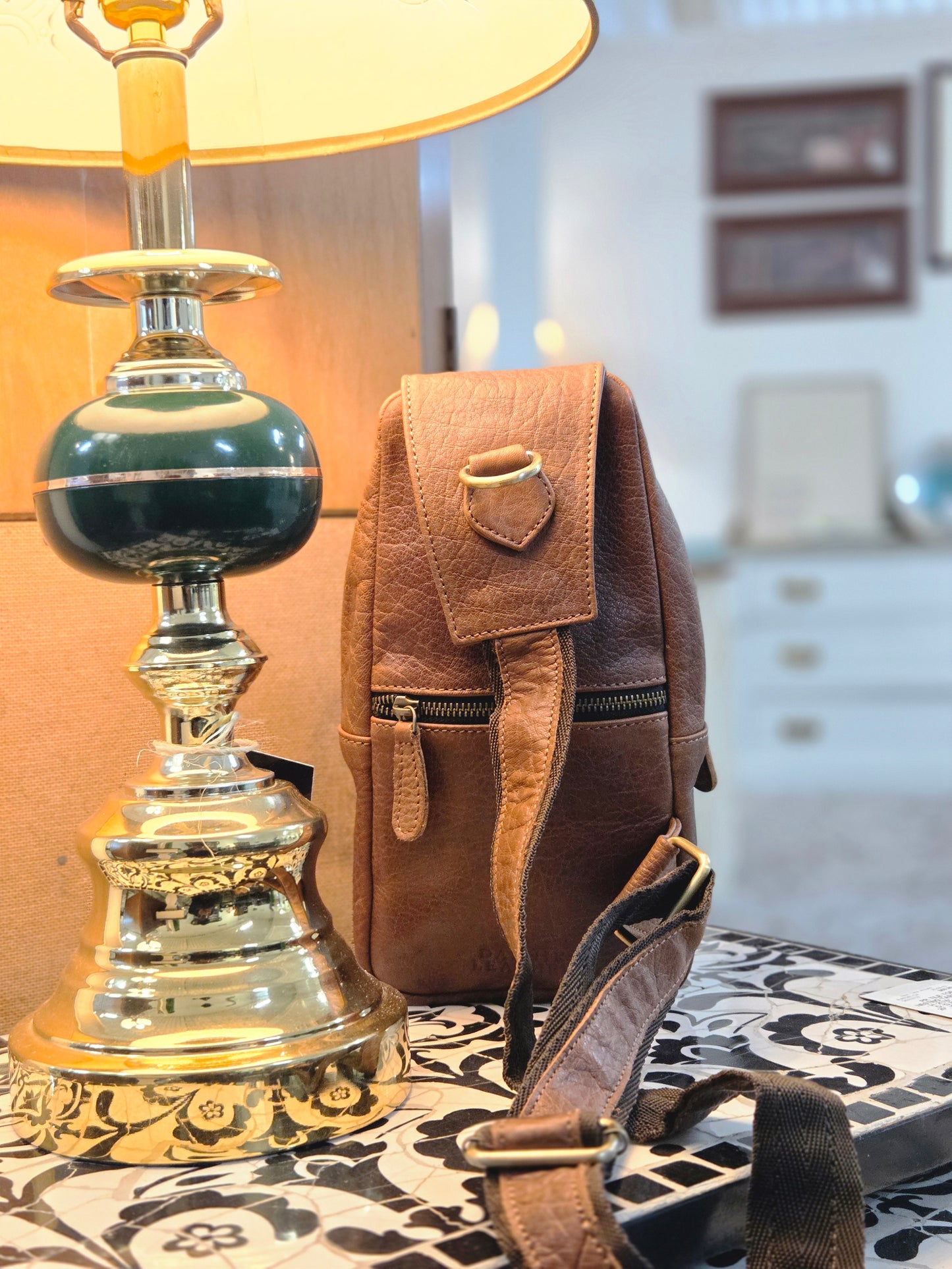 Handcrafted Bison Leather Light brown Crossbody Bag: Full-Grain bison Sling