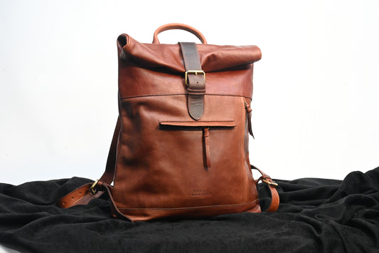 Dark Tan Leather Bagpack roll up Style *Premium Collection*