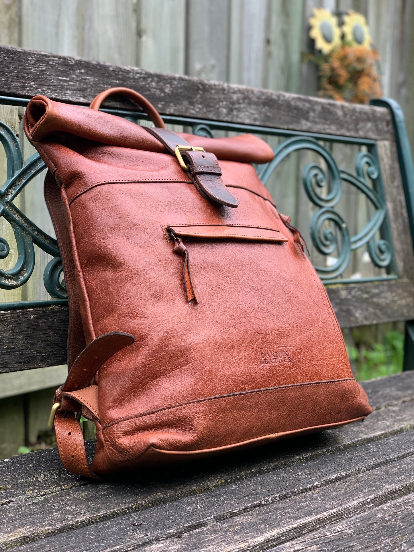 Dark Tan Leather Bagpack roll up Style *Premium Collection*