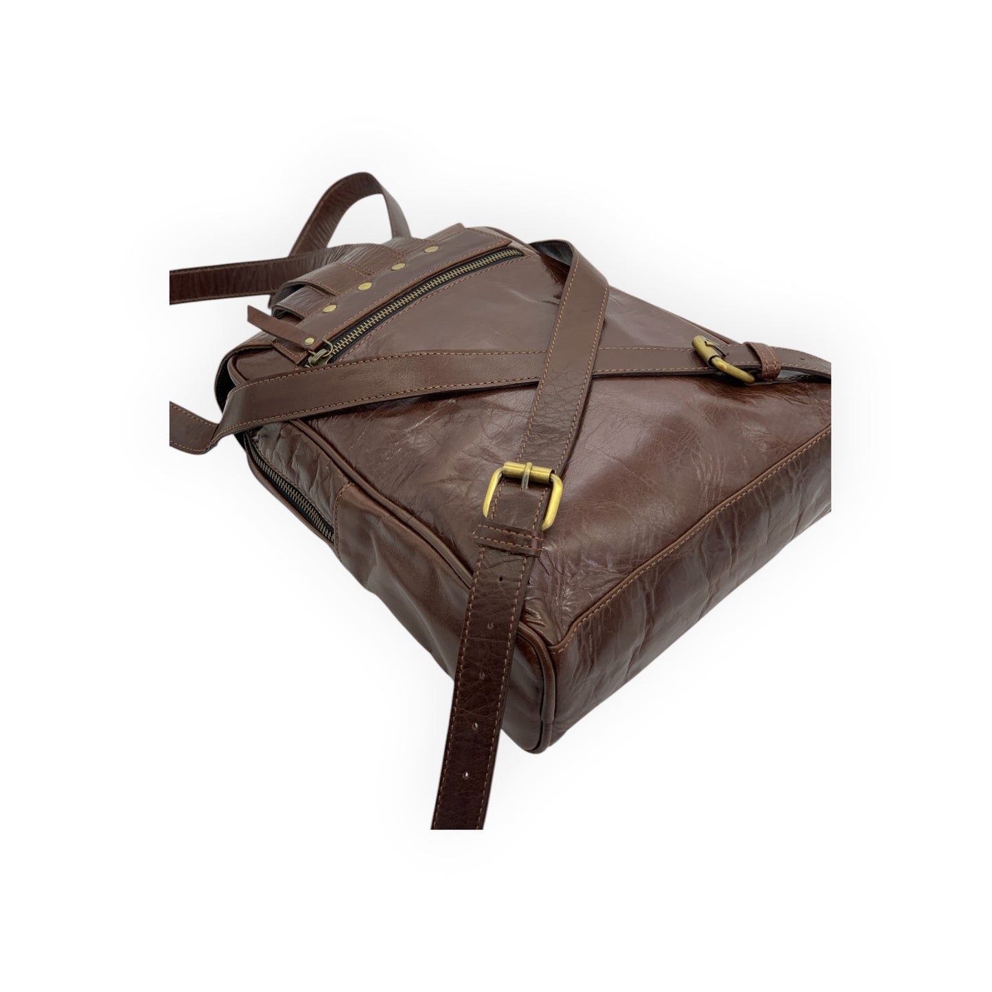 Dark Brown Glossy Leather Backpack (Small)