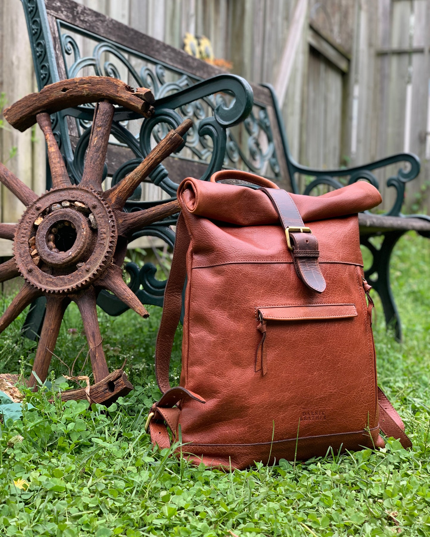 Dark Tan Leather Bagpack roll up Style *Premium Collection*