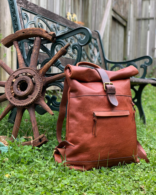 Dark Tan Leather Bagpack roll up Style *Premium Collection*