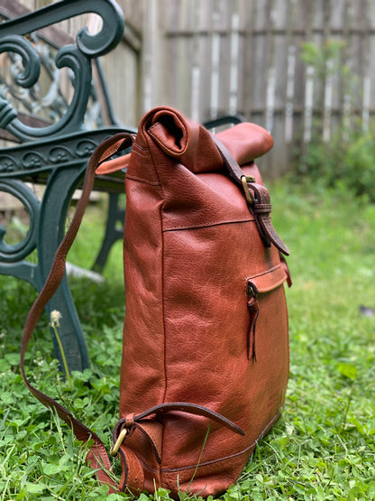 Dark Tan Leather Bagpack roll up Style *Premium Collection*