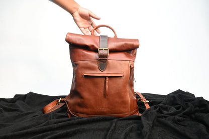 Dark Tan Leather Bagpack roll up Style *Premium Collection*