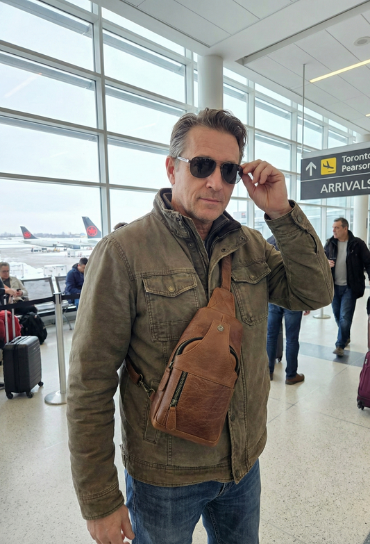 Handcrafted Bison Leather Light brown Crossbody Bag: Full-Grain bison Sling