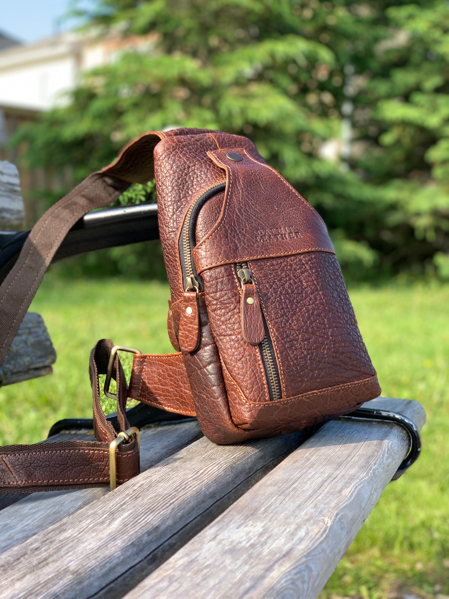 Handmade Leather Sling Bag: Crossbody Chest Pack - Bison Leather Brown