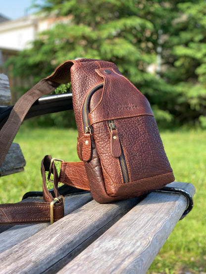 Handmade Leather Sling Bag: Crossbody Chest Pack - Bison Leather Brown
