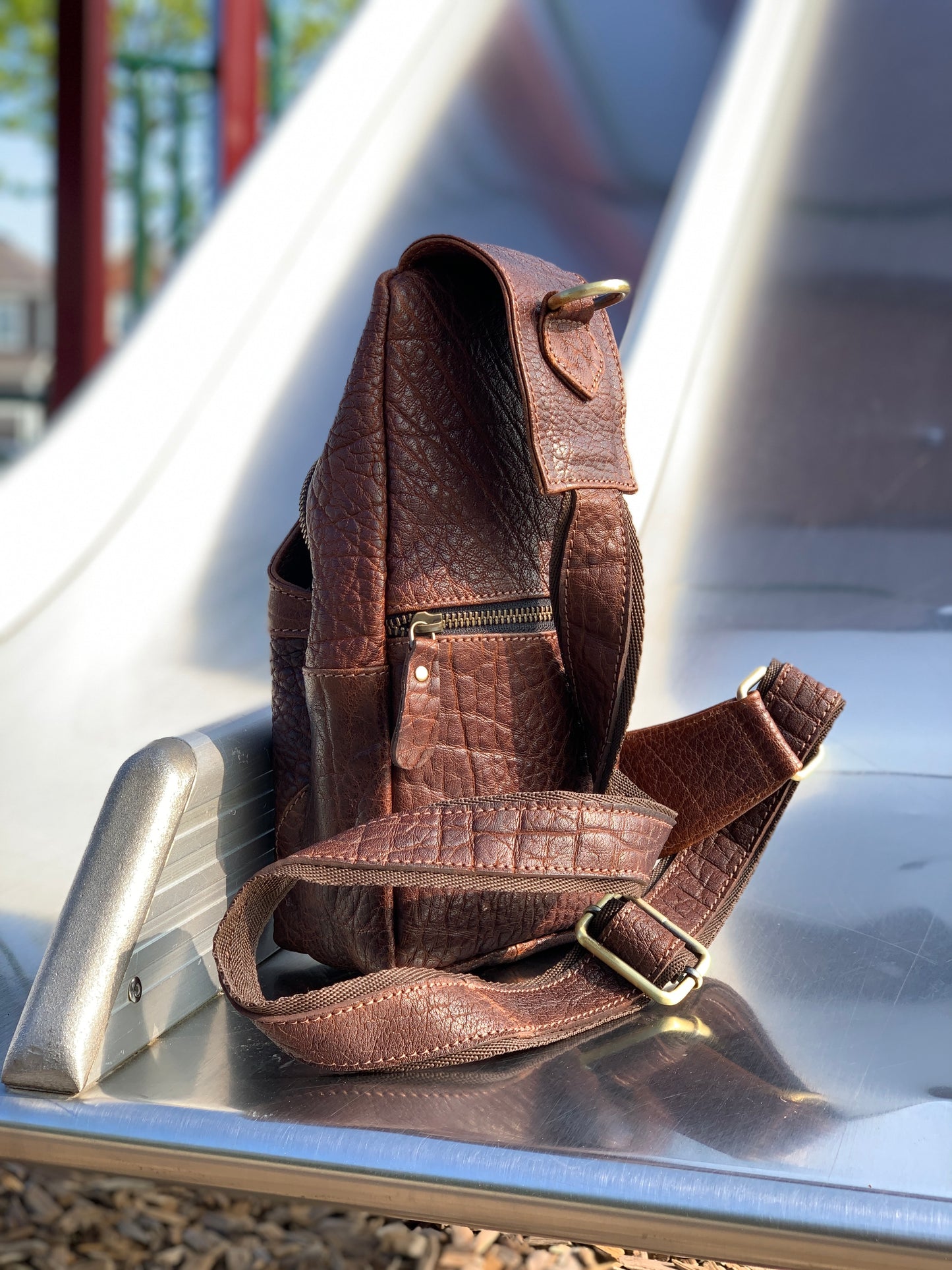 Handmade Leather Sling Bag: Crossbody Chest Pack - Bison Leather Brown