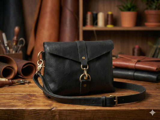 Black Bison Leather Sling Bag for Women – Elegant, Durable & Handcrafted