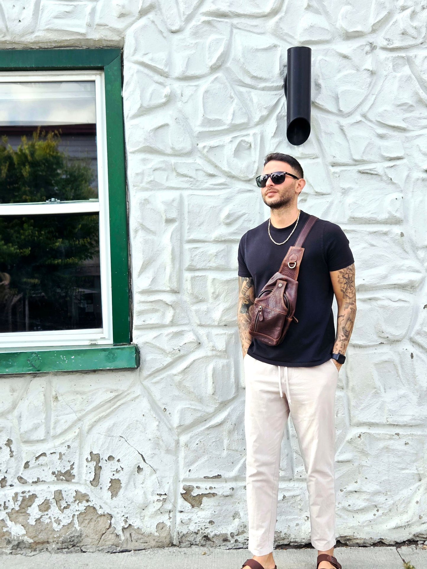 Handmade Leather Sling Bag: Crossbody Chest Pack - Bison Leather Brown