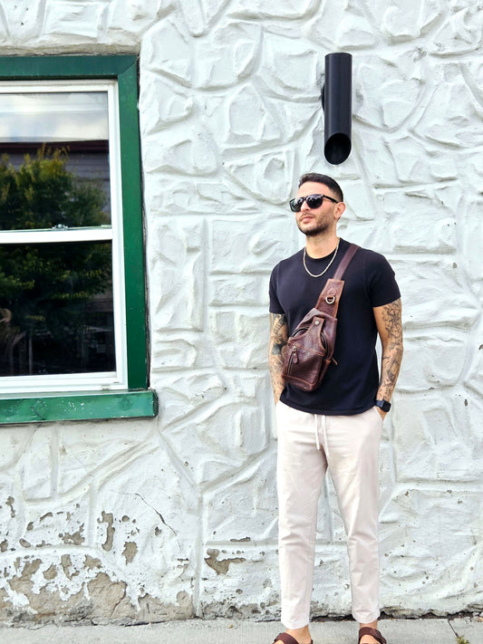 Handmade Leather Sling Bag: Crossbody Chest Pack - Bison Leather Brown