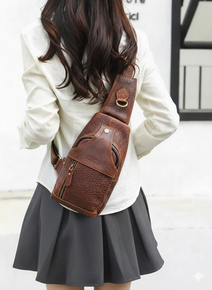 Handmade Leather Sling Bag: Crossbody Chest Pack - Bison Leather Brown