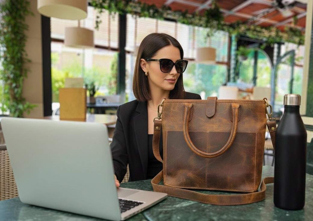Vintage Brown Leather Tote Bag with Shoulder Strap